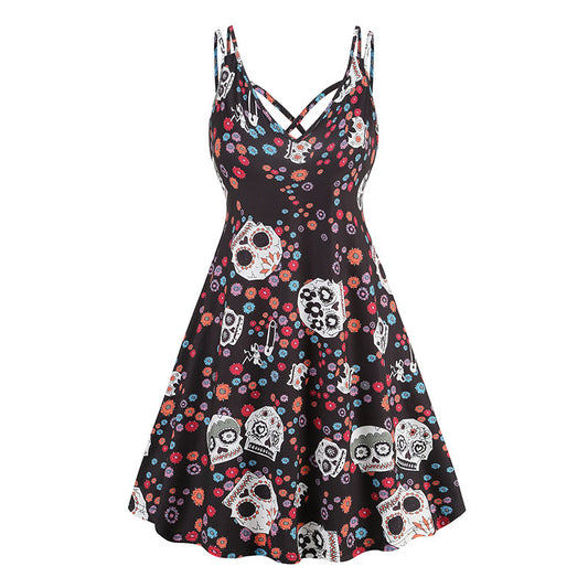 Halloween Printed Pumpkin Flowers Bat Gothic Dress