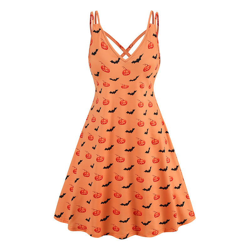 Halloween Printed Pumpkin Flowers Bat Gothic Dress
