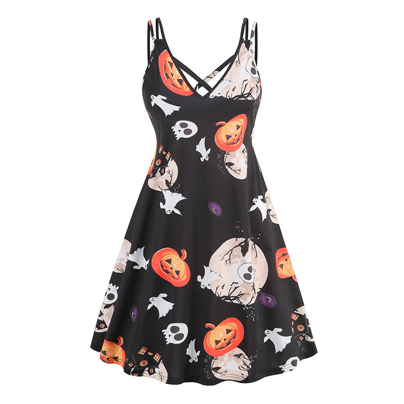 Halloween Printed Pumpkin Flowers Bat Gothic Dress