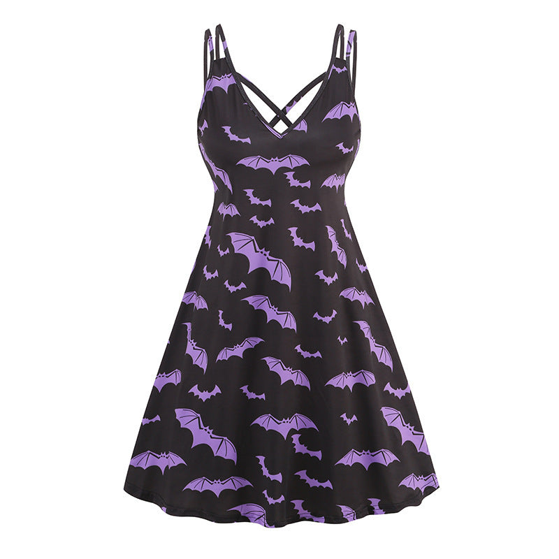 Halloween Printed Pumpkin Flowers Bat Gothic Dress