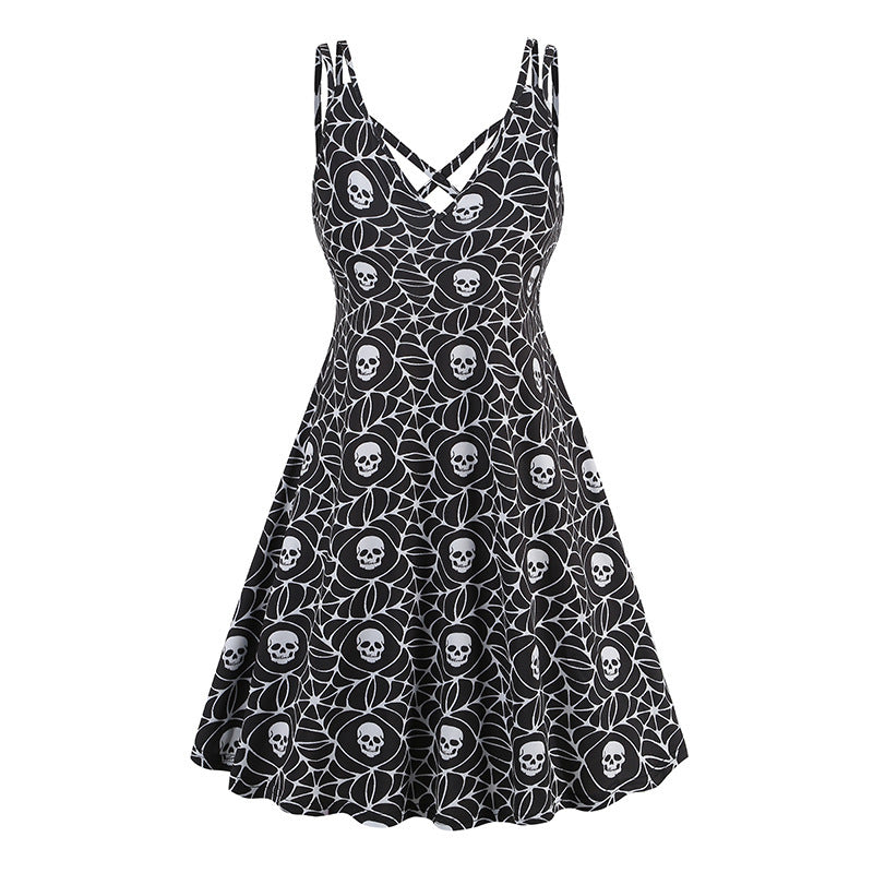 Halloween Printed Pumpkin Flowers Bat Gothic Dress