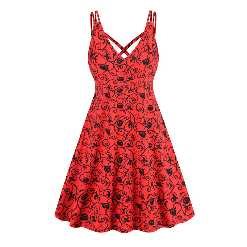 Halloween Printed Pumpkin Flowers Bat Gothic Dress